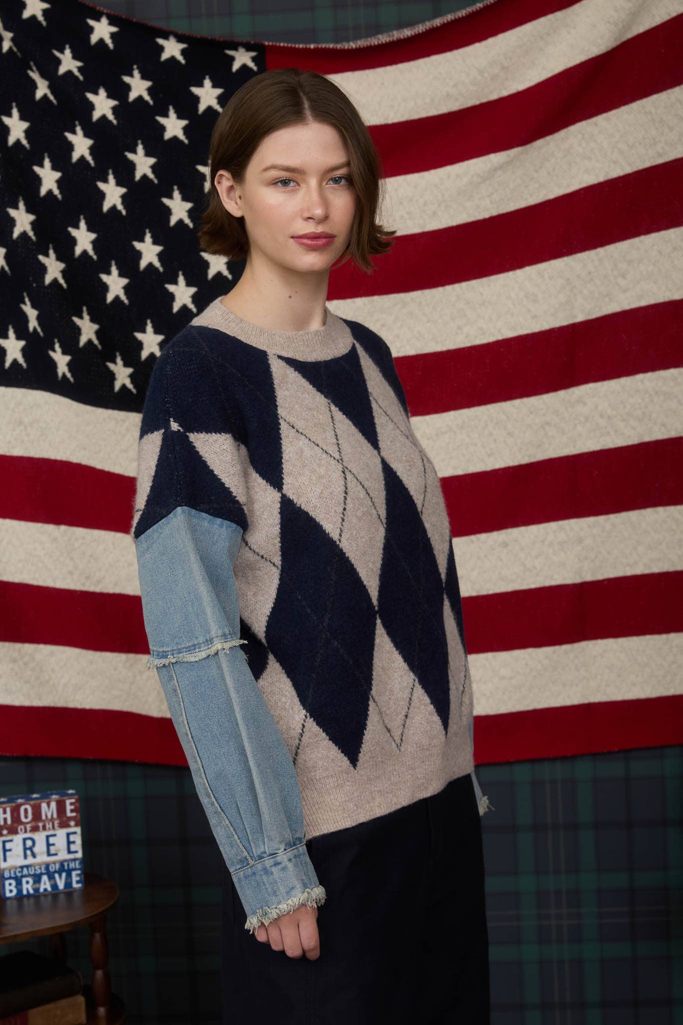 Blu Pepper – Engroshandel Pullover - Dame – ARGYLE STRIKTRØJE MED SLIDTE DENIMÆRMER8