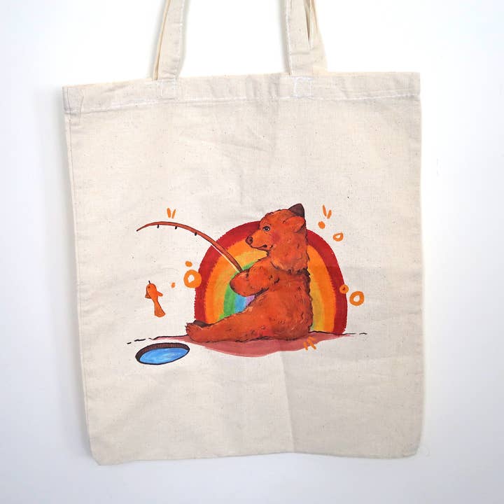 Canvas Rainbow Bear Tote Bag for wholesale by Pollygone Illustration