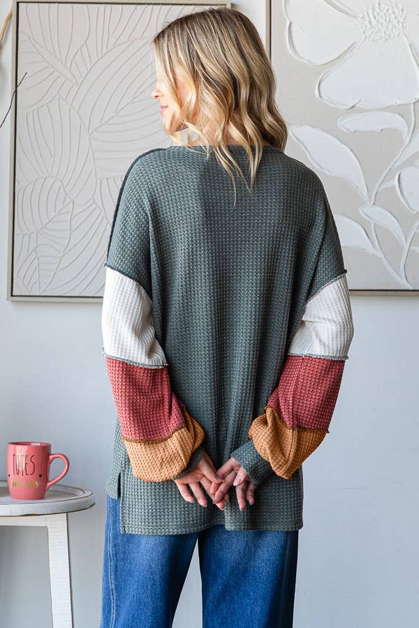 7th Ray – wholesale Knit top – Women's – Waffle Knit Color Block Button Front Balloon Sleeve TopT572414