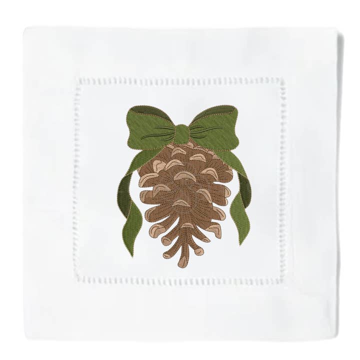 Pine Cone Cocktail Napkins for wholesale by Blythe Embroidery Co.