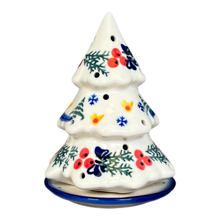 Polish Pottery Outlet - Wholesale Christmas Decoration - Luminary, Christmas Tree, 5", WR (WR44A) in "Bows in Snow" by W.R. Ceramika | WR44A-WR15