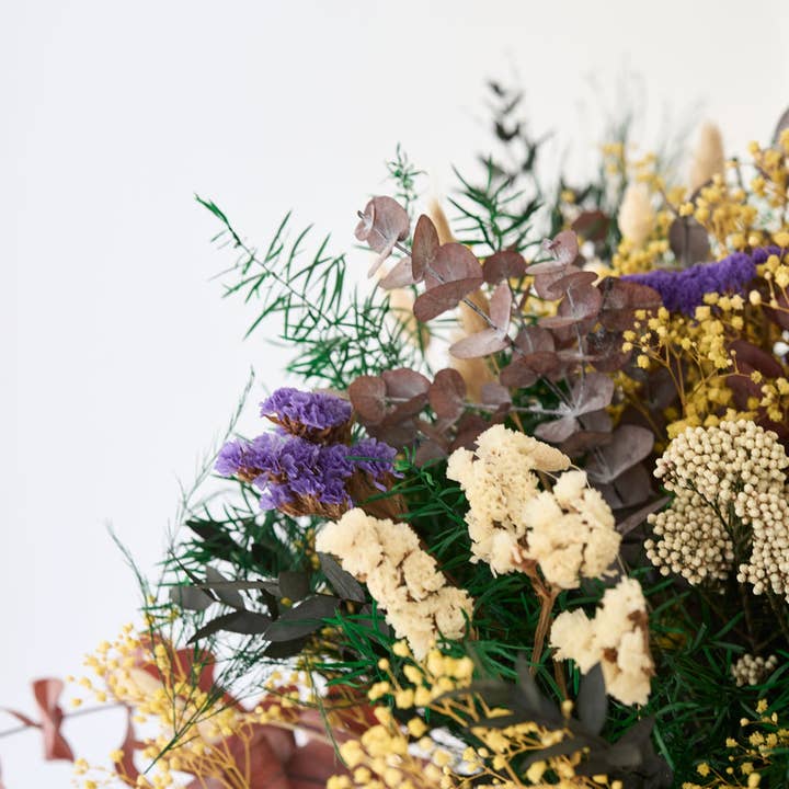 Evige Blomster – Engroshandel Tørrede/pressede blomster – Stor Evighedsbuket Gul, lilla og hvid mix - Langtidsholdbar