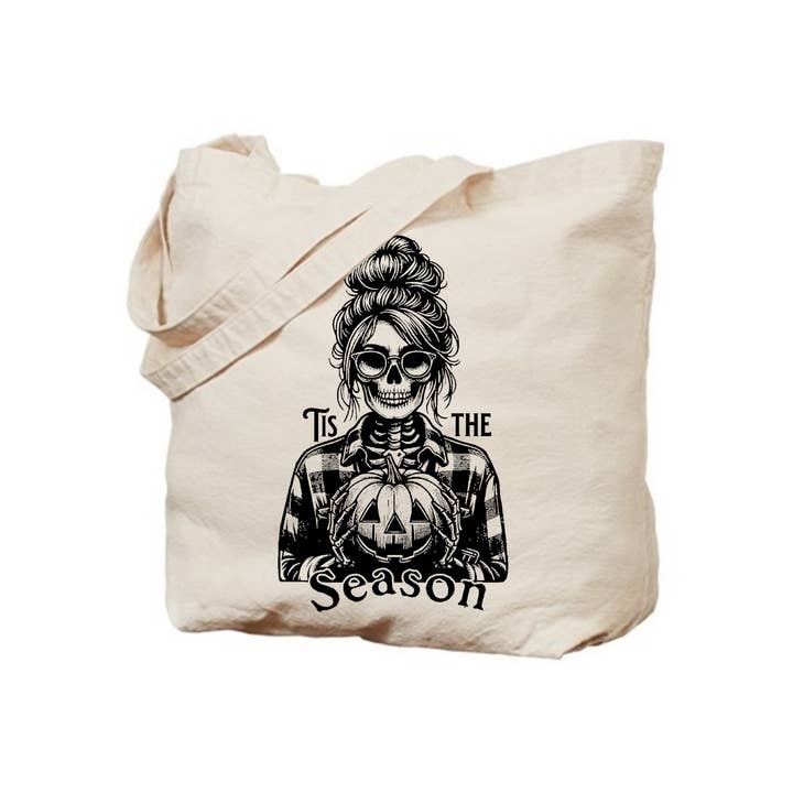 Black Tis The Season Pumpkin Patch Skeleton Tote Bag - Halloween for wholesale on Faire