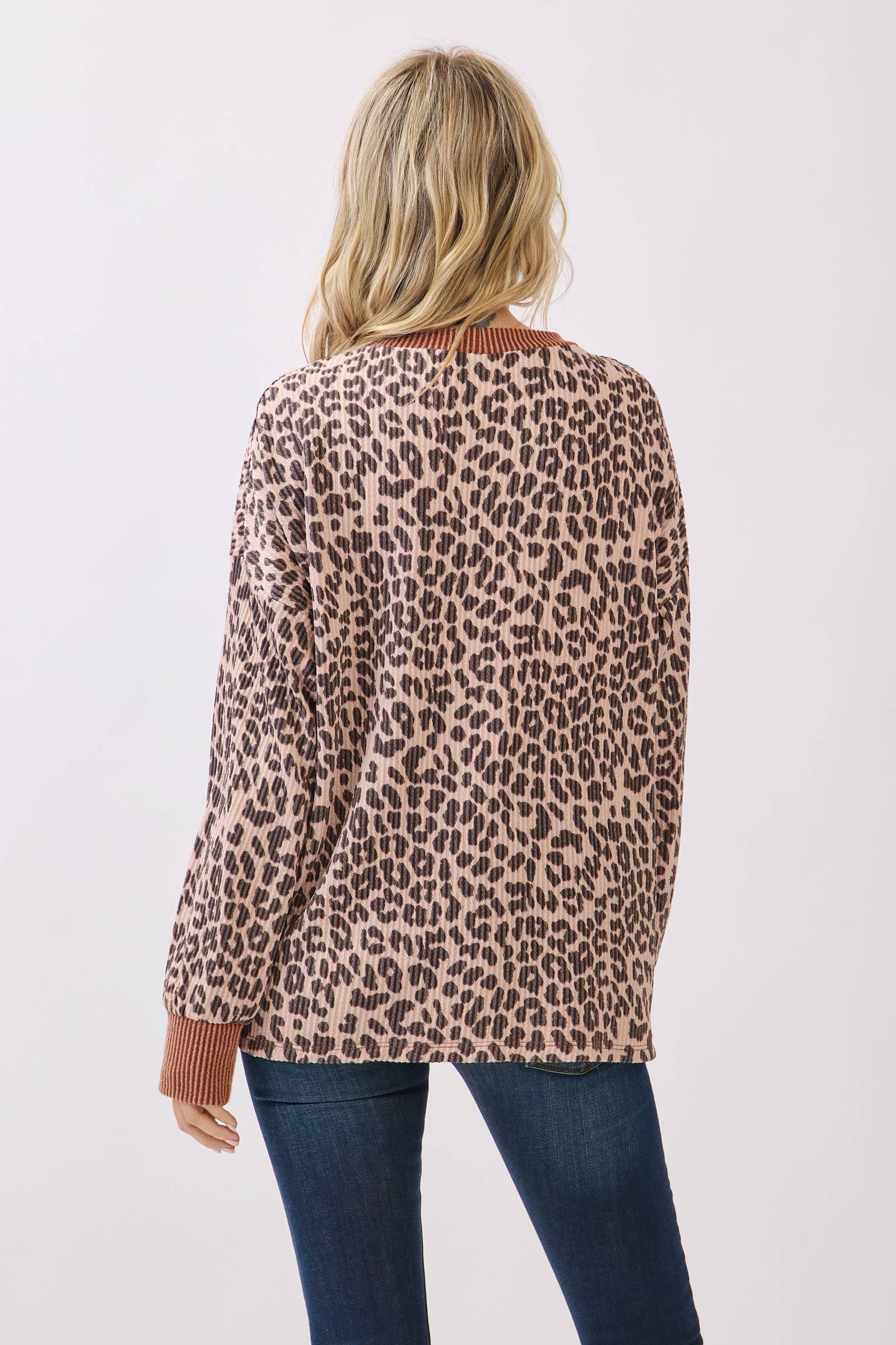 7th Ray - Wholesale Knit Top - Women's - Rib Animal Print Drop Shoulder V Seam Long Sleeve Top T58176