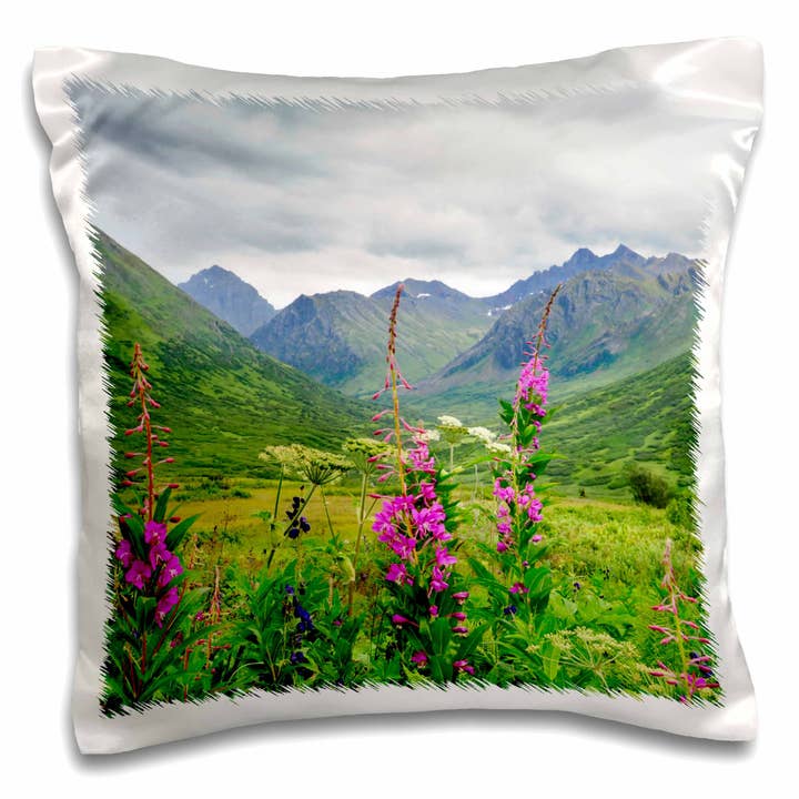 3dRose, Wildblume im Tal von Alaska, Berglandschaft, Kissenbezug für den Großhandel von 3dRose