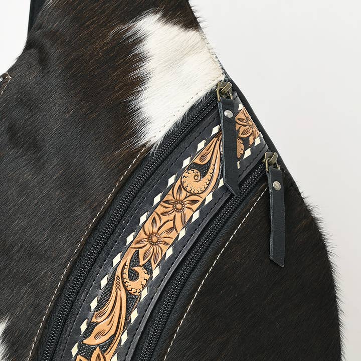 LS Western - Wholesale Backpack - Women's - ADBG1514 Black & White Cowhide Sling Backpack with Tooled Leather Accents4