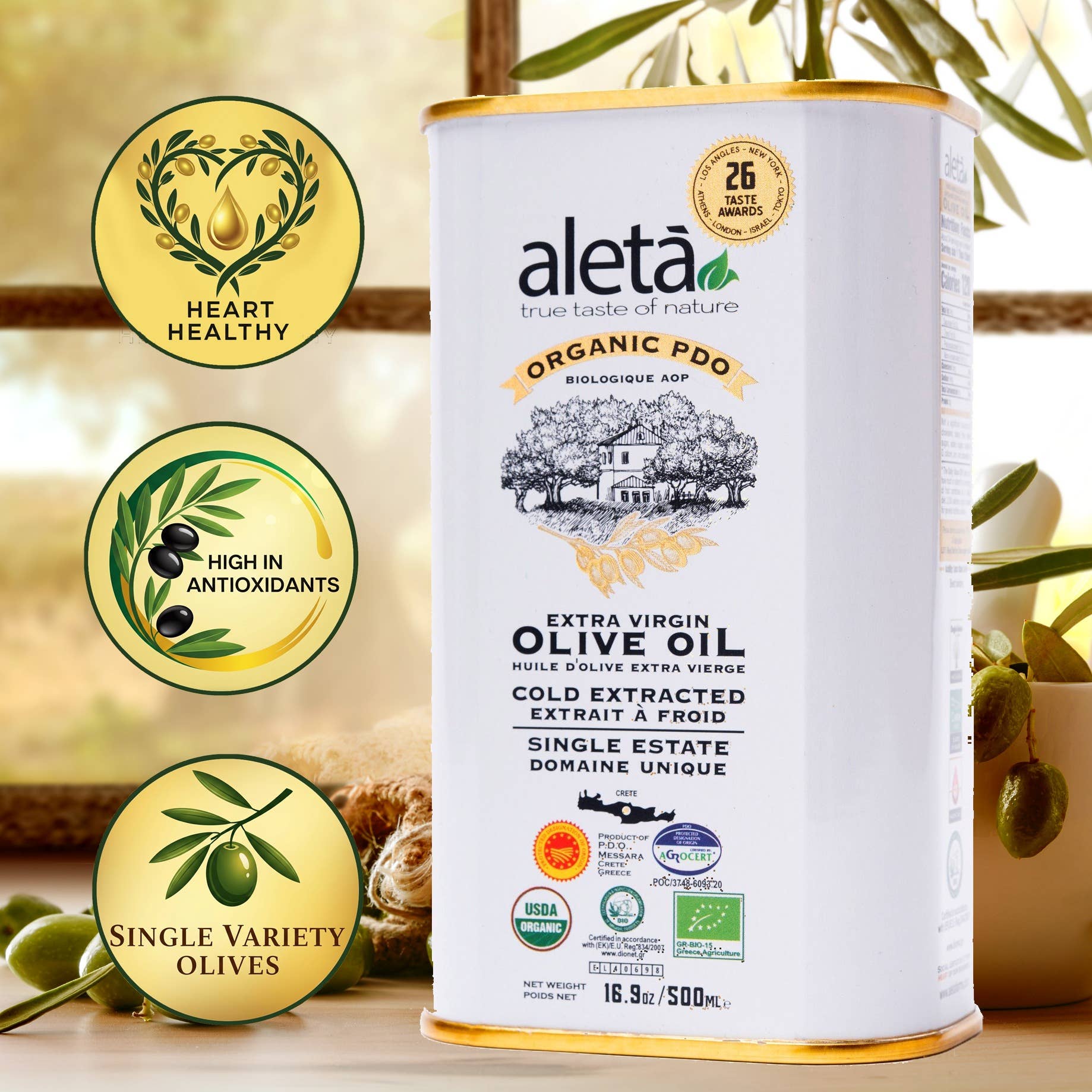 ALETA FARMS - Wholesale Olive Oil - Aleta Organic Estate, Greek Extra Virgin Olive Oil, 17oz Tin1