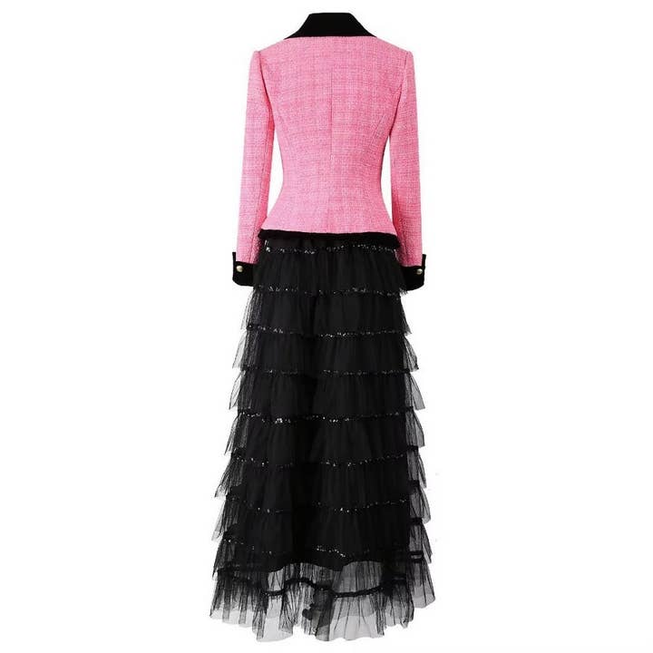Color as pictures SY314 Elegant Tweed Jacket with Mesh Sequined Maxi Skirt for wholesale on Faire