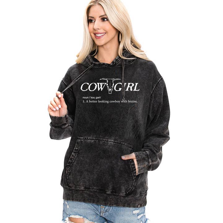 COWGIRL COW SKULL MINERAL WASH HOODED SWEATSHIRTS for wholesale by HRTandLUV