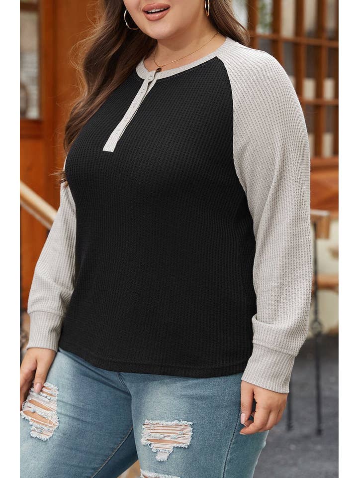 Black Plus Size Waffle Knit Buttoned Henley Top for wholesale on Faire