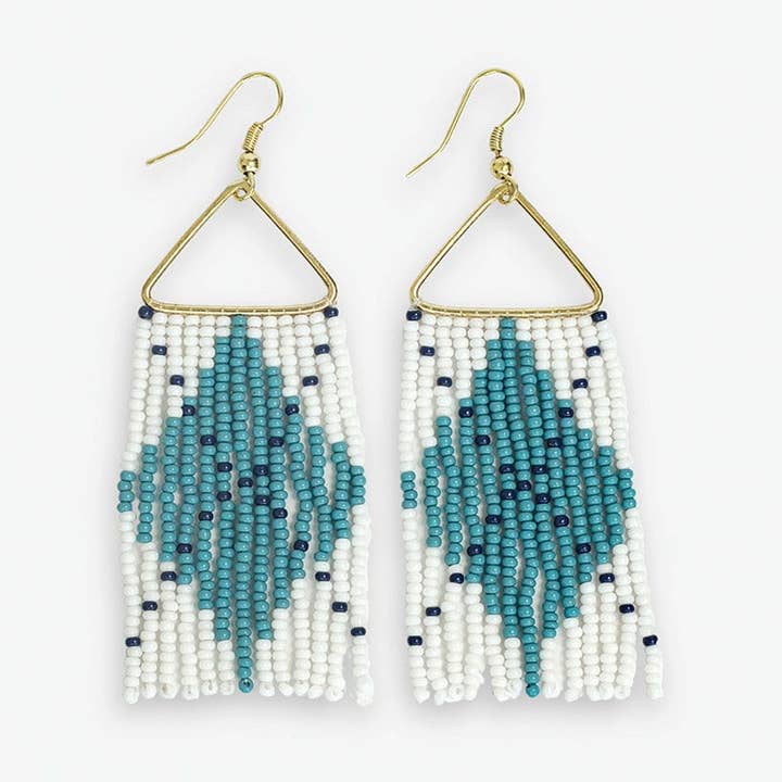 Whitney Game Day Argyle Beaded Fringe Earrings Light Blue and White Wholesale for wholesale by INK + ALLOY