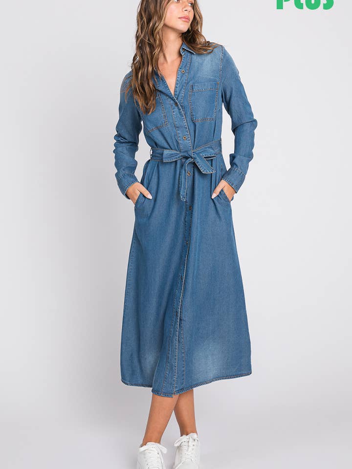 Denim Midi Shirt Plus Size Dress-Denim for wholesale by ZiA Apparel