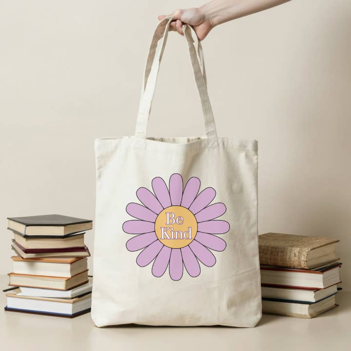 Bolsa de lona de algodón Sé amable Flor morada para venta al por mayor de Kindness Rock Gardens, LLC