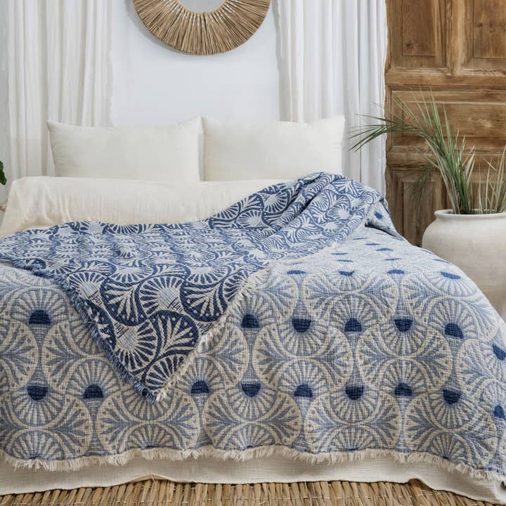 TurkanHome - Wholesale Bedding blanket - Ginkgo Muslin Bed Blanket/Queen-King/ Blue6