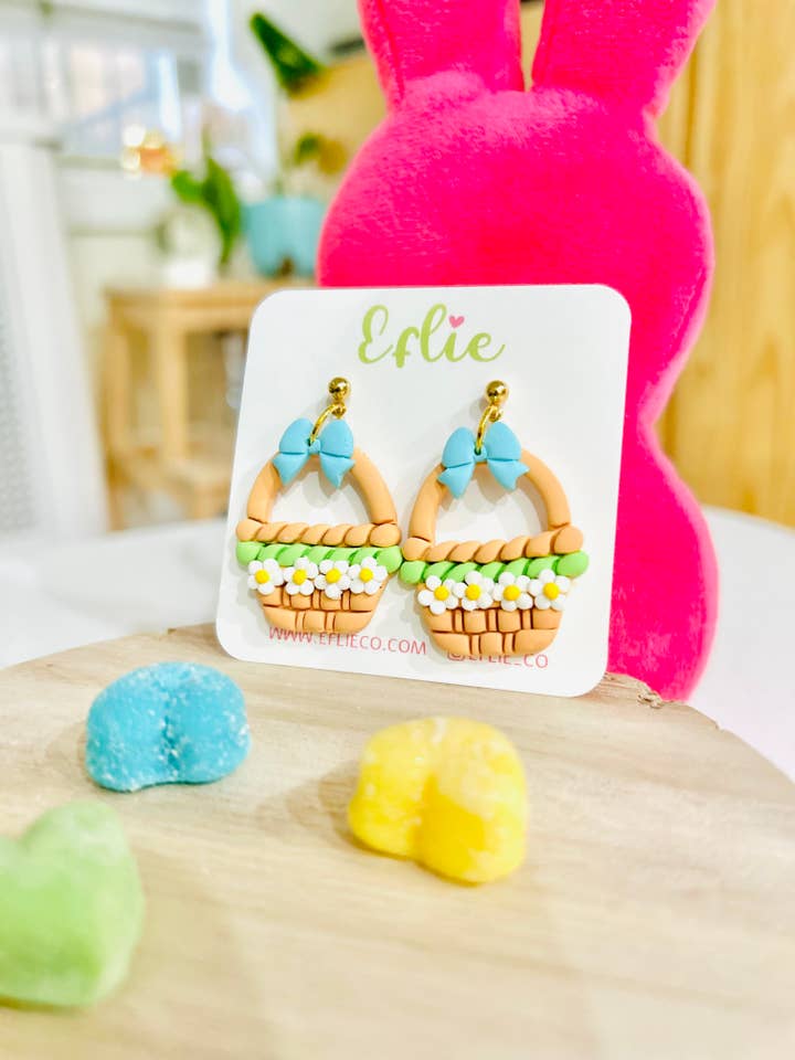 Easter Basket Earrings With A Blue Bow Cute Holiday Easter B for wholesale by Eflie