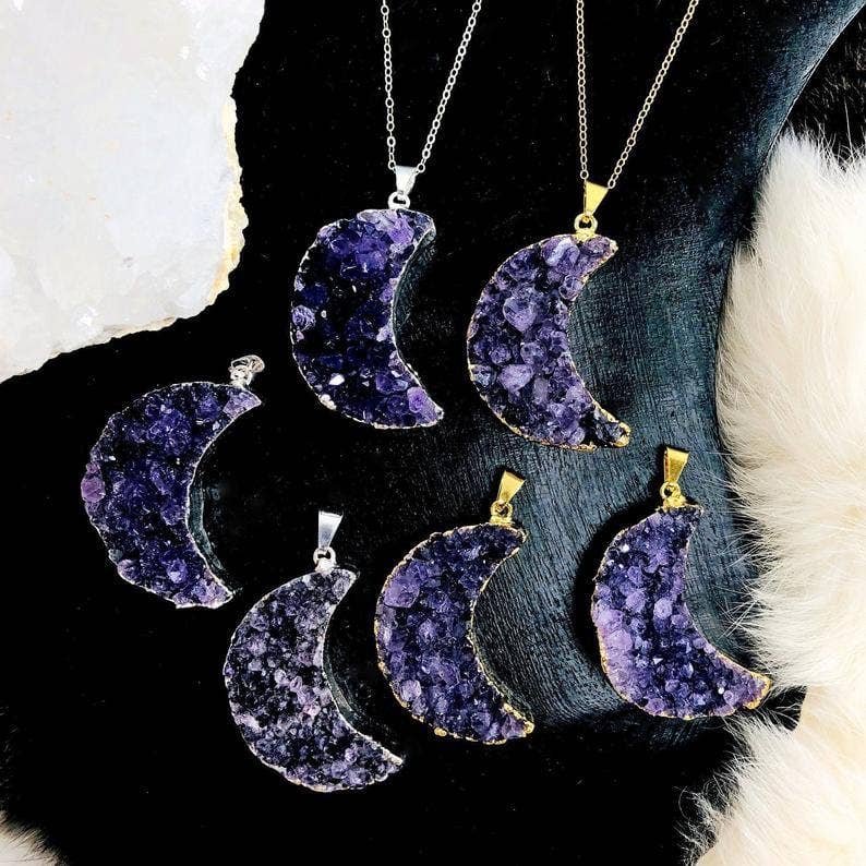 Rock Paradise - Wholesale Individual Charm/Pendant - Amethyst Druzy Moon Pendants with Electroplated 24k Gold/Silver Edge0