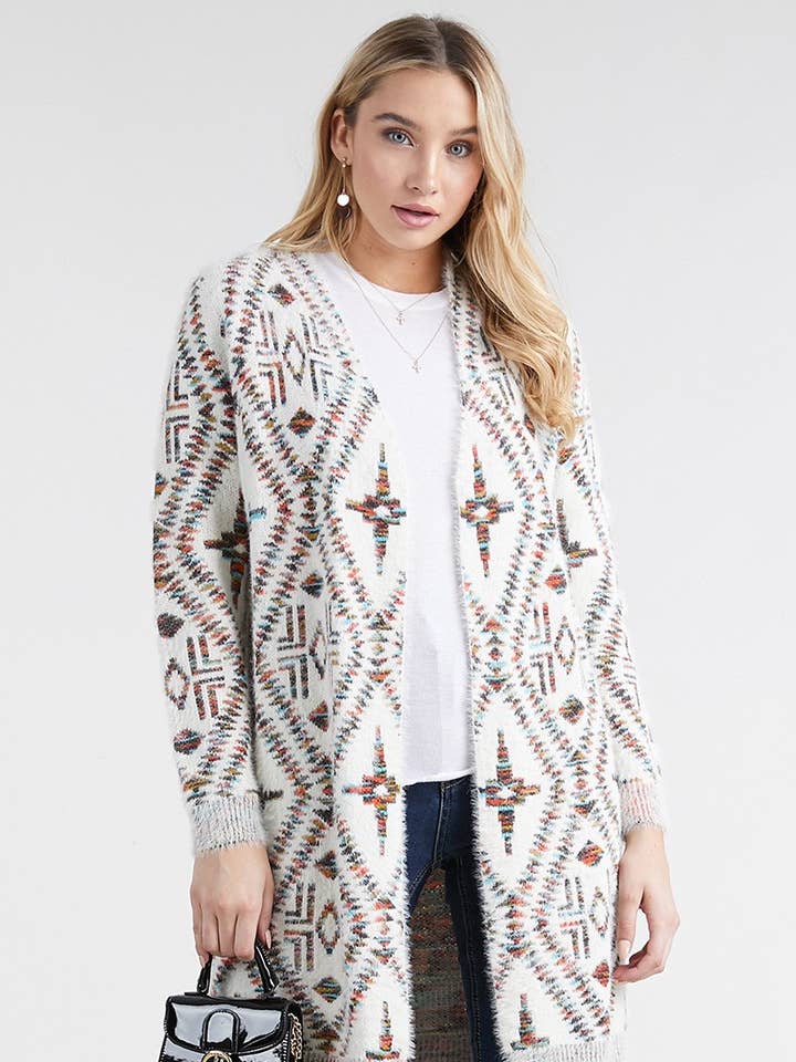 OUG10209 Abstract print long knit cardigan sweater for wholesale by Oceanus Apparel