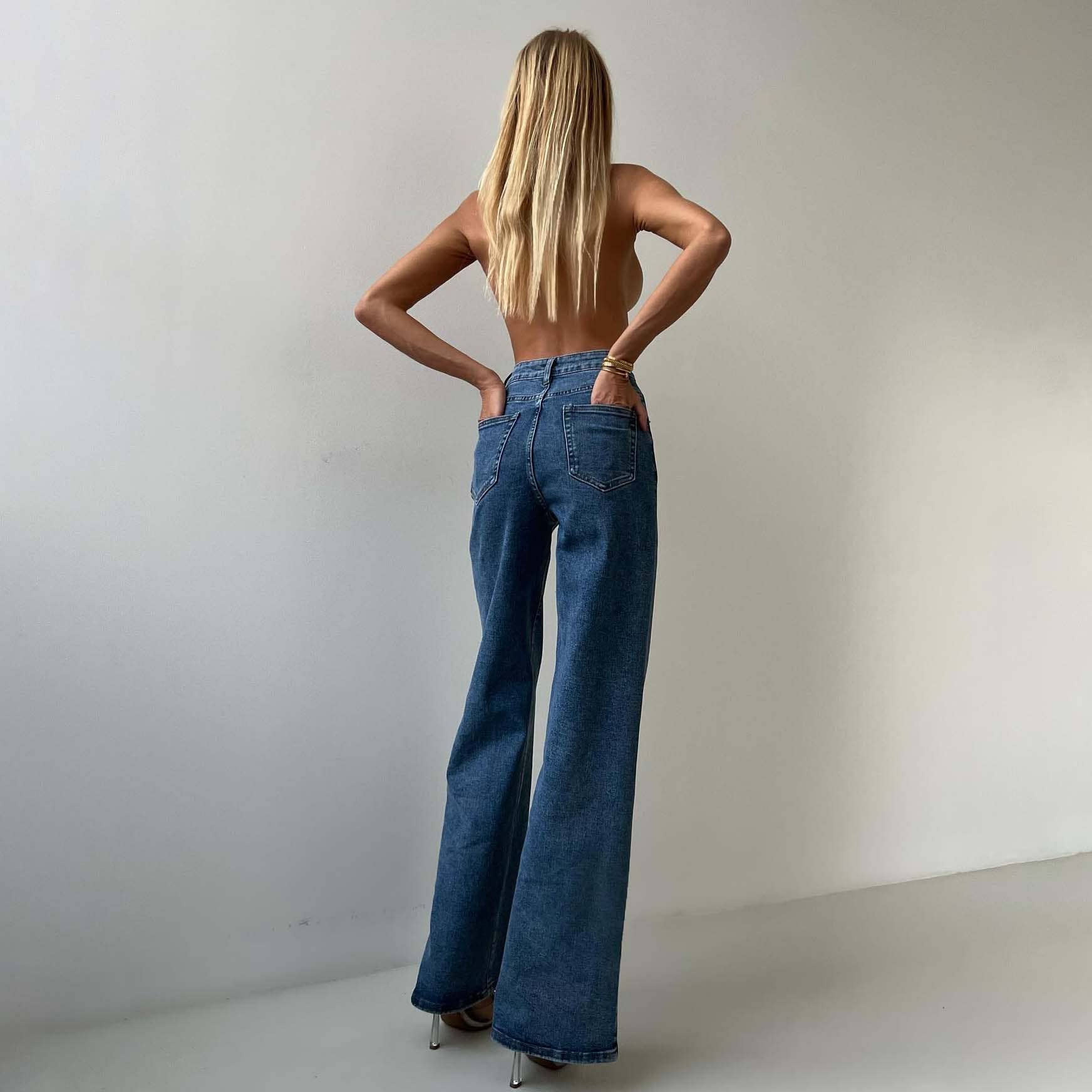 Azul Calça feminina jeans reta com corrente de diamantes, cintura alta para venda a revendedores na Faire3