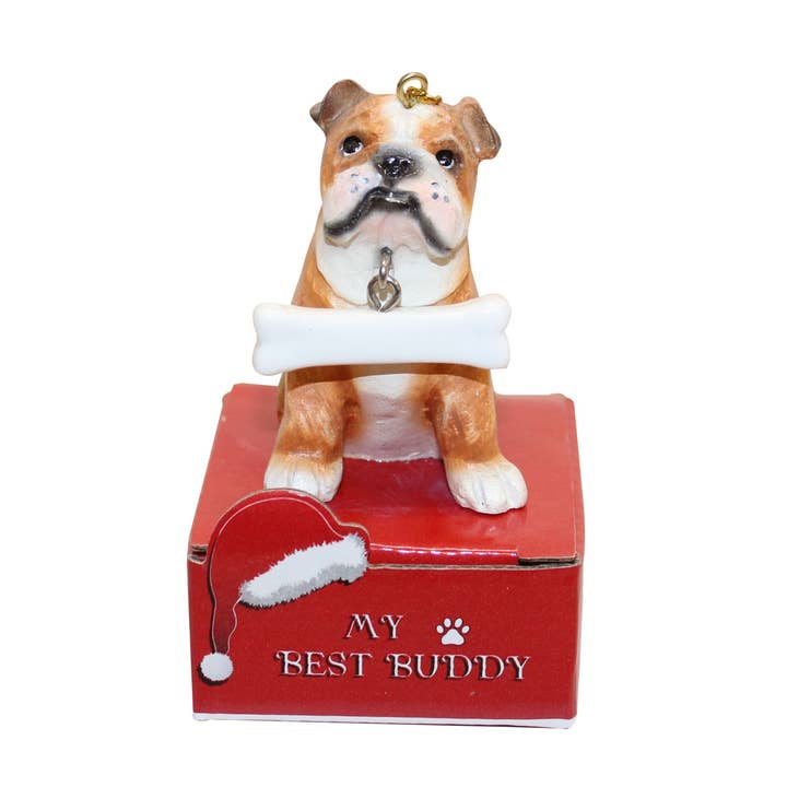 Ornement en os de chien Bulldog pour la vente par E&S Pets