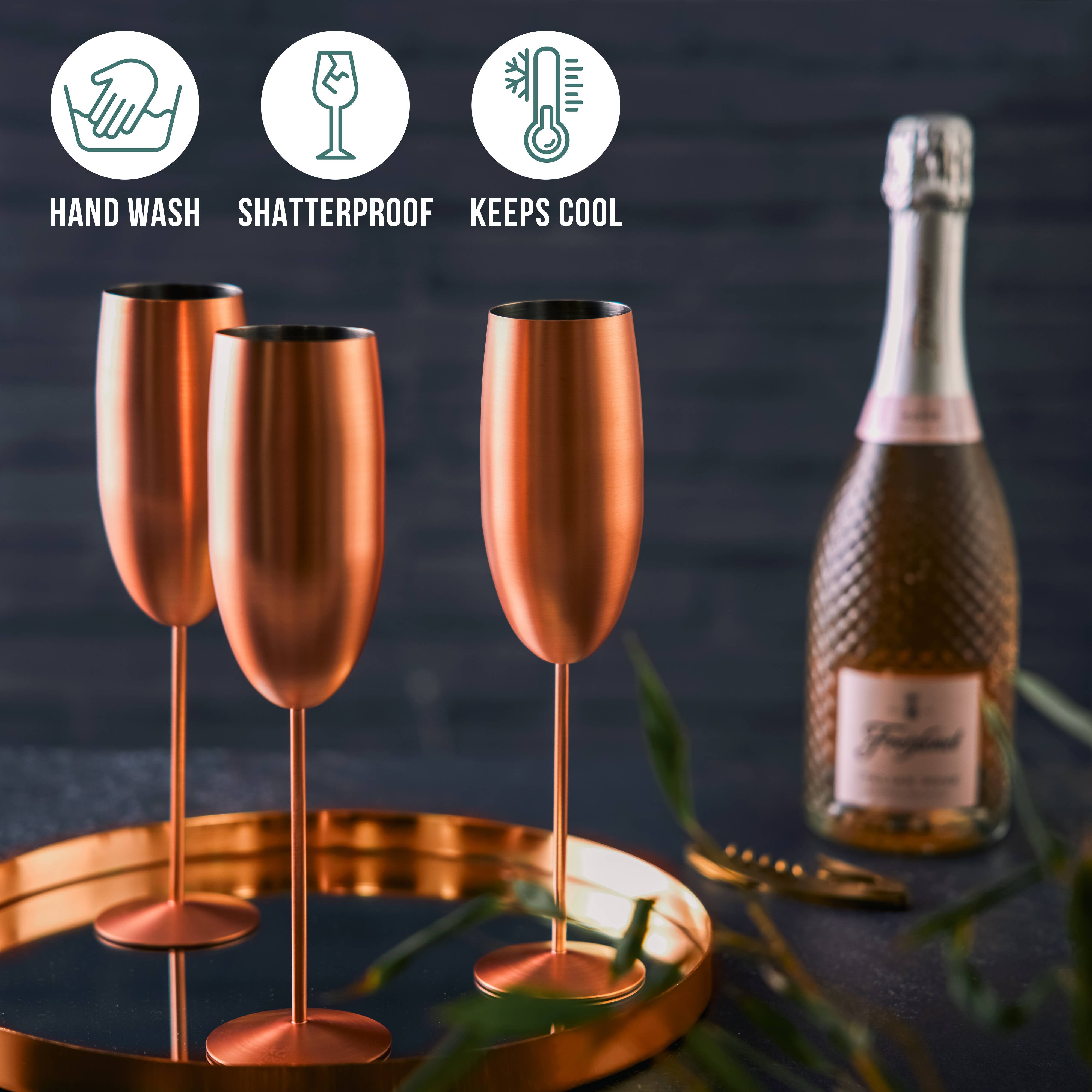 Oak & Steel – Großhandel Champagnerflöten – 4 matte Sektgläser in Roségold6