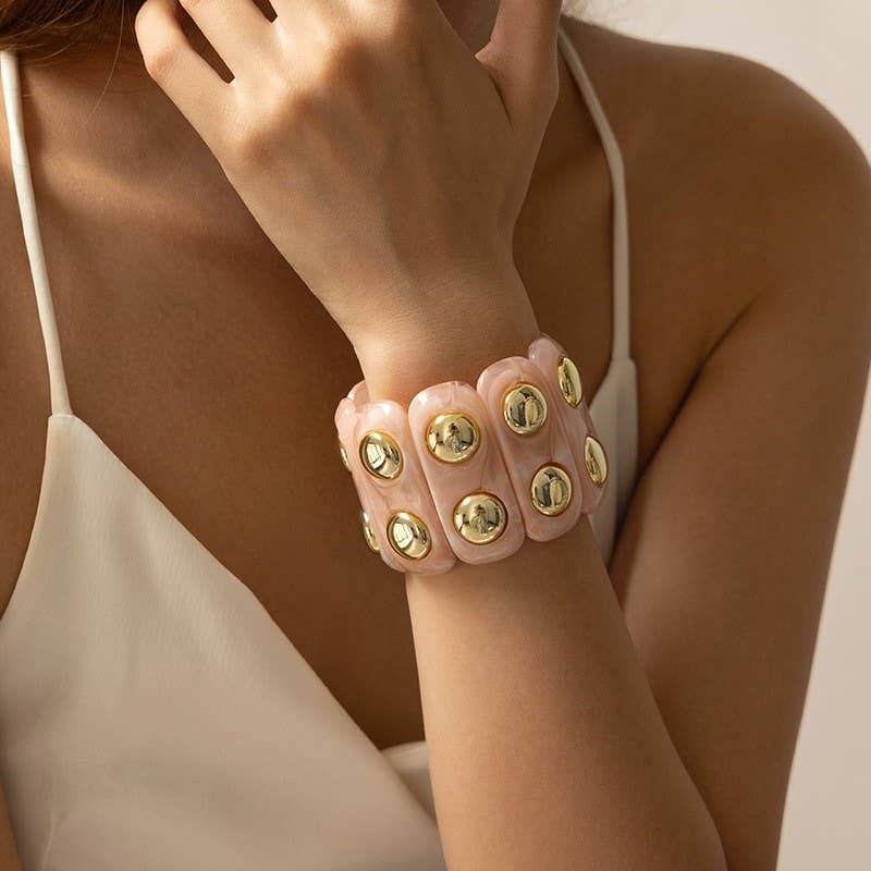 JOSSLYN by wall to wall - Wholesale Beaded Bracelet - Color-Block Gold Acrylic Stretch Cord Bracelet | 40B51947