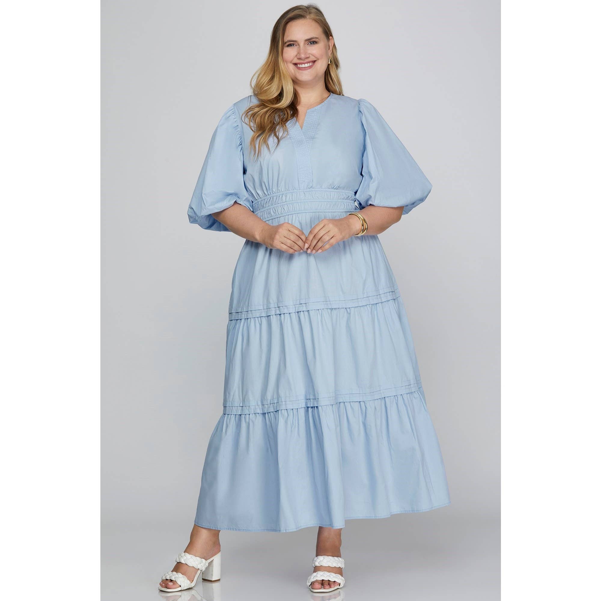 Curve Market - Wholesale Dress - Women's - PLUS SIZE POPLIN V NECK BALLOON SLEEVE WITH POCKETS TIERED M3