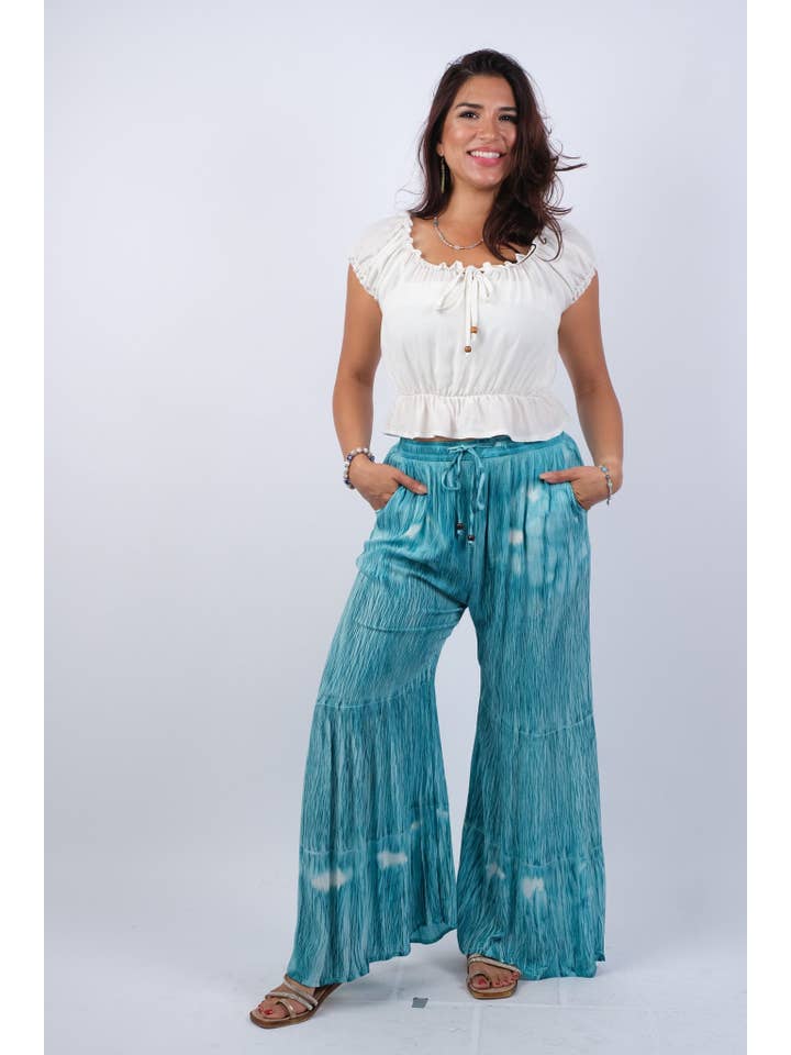 Sacred Threads - Vendita all'ingrosso Pantalone - Donna - Pantaloni Hippie Svasati con Stampa a Blocchi Azzurro Cielo1