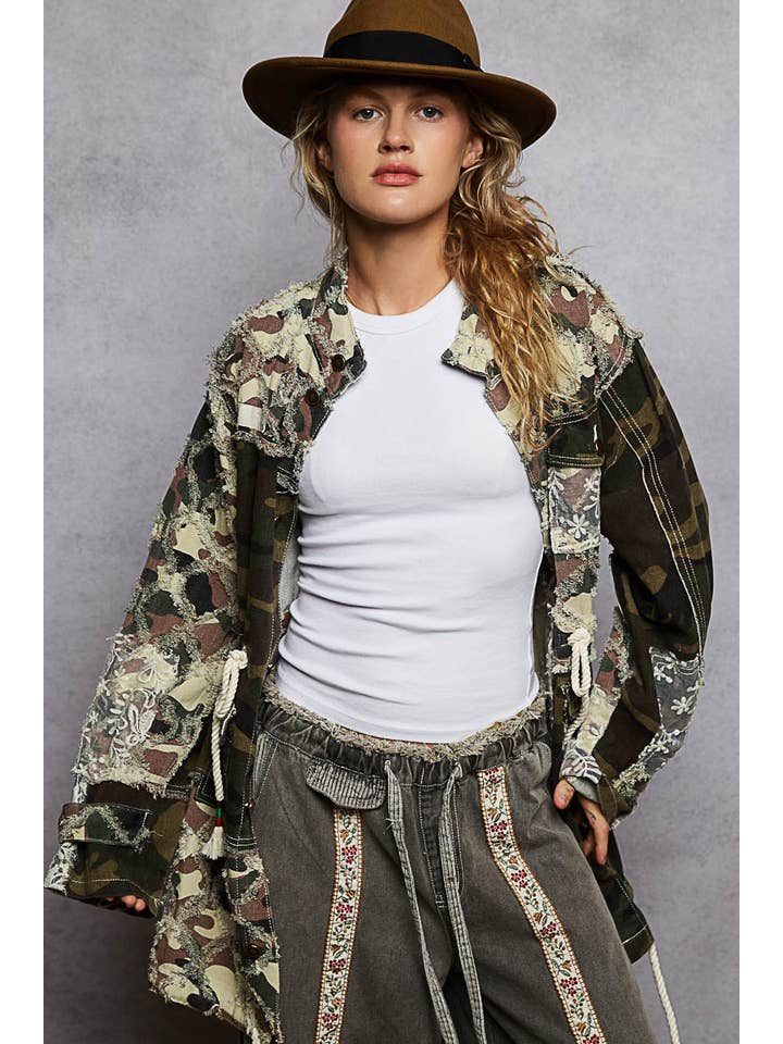 OLIVE CAMO Long sleeve contrast lace and patchwork detail parka jacket for wholesale on Faire1