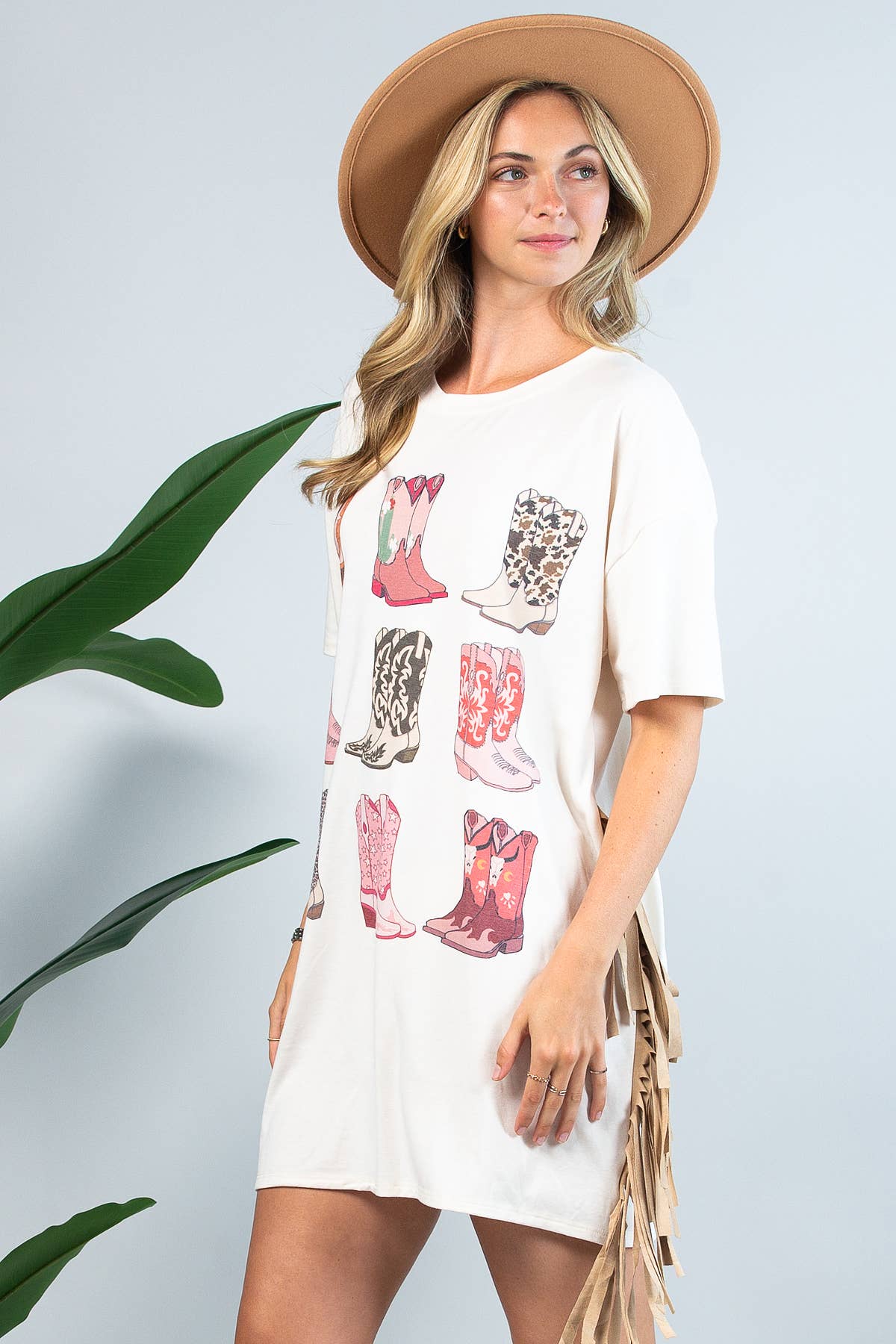 Beige D1593-Western Boots Print Fringed  Loose T Shirt Dress  for wholesale on Faire3