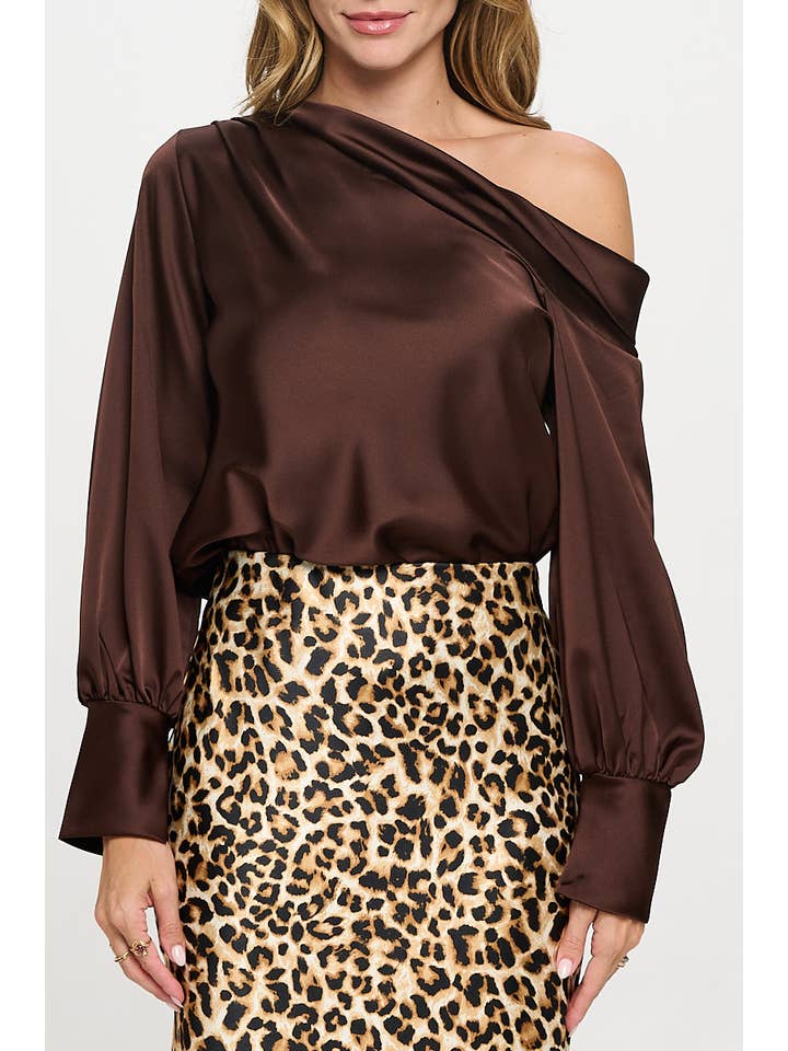 Brown Made in USA Dropped Shoulder Long Sleeve Satin Top for wholesale on Faire