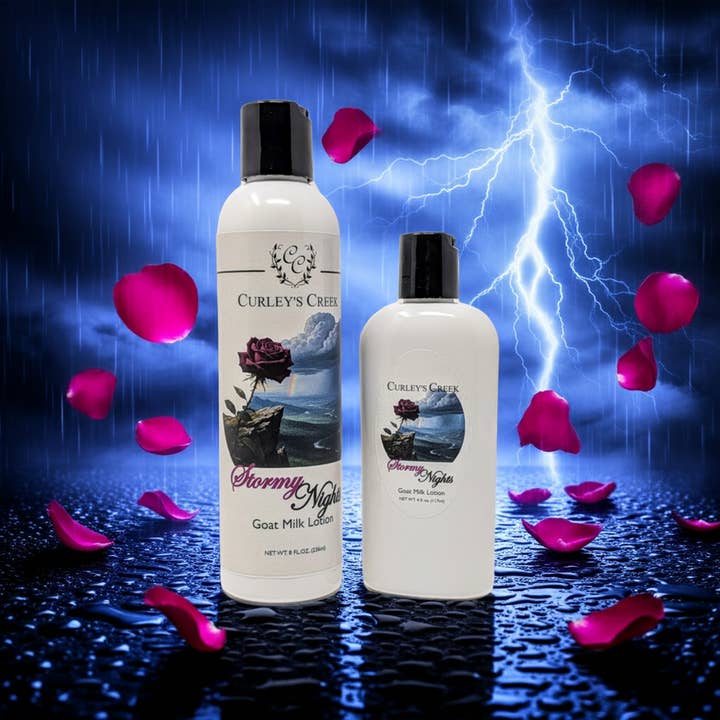 🌩️ Stormy Nights | Goat Milk Lotion | Handmade Natural Skincare | Dark Floral & Patchouli | Curley’s Creek for wholesale by Curley's Creek
