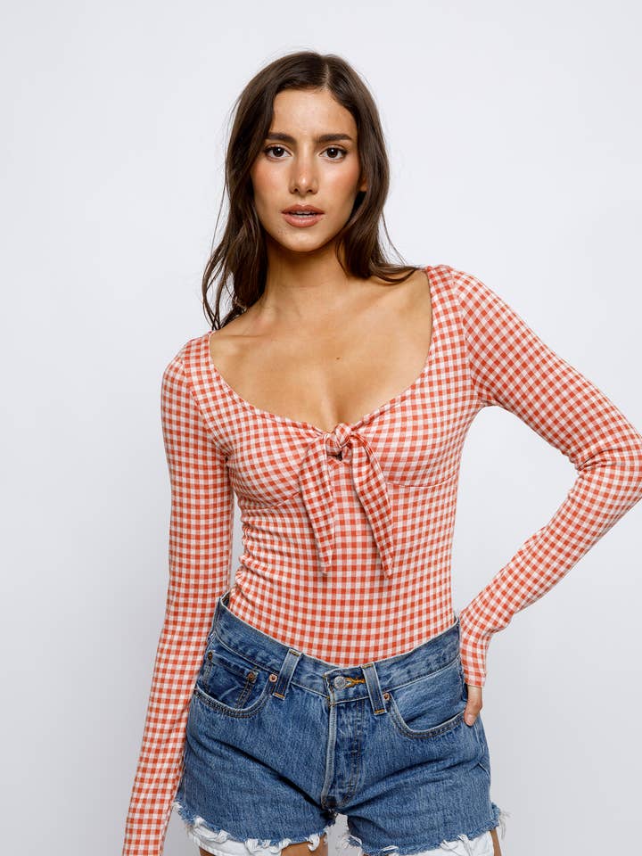 BT2472- GINGHAM PRINT BOW BODYSUIT for wholesale by STORIA