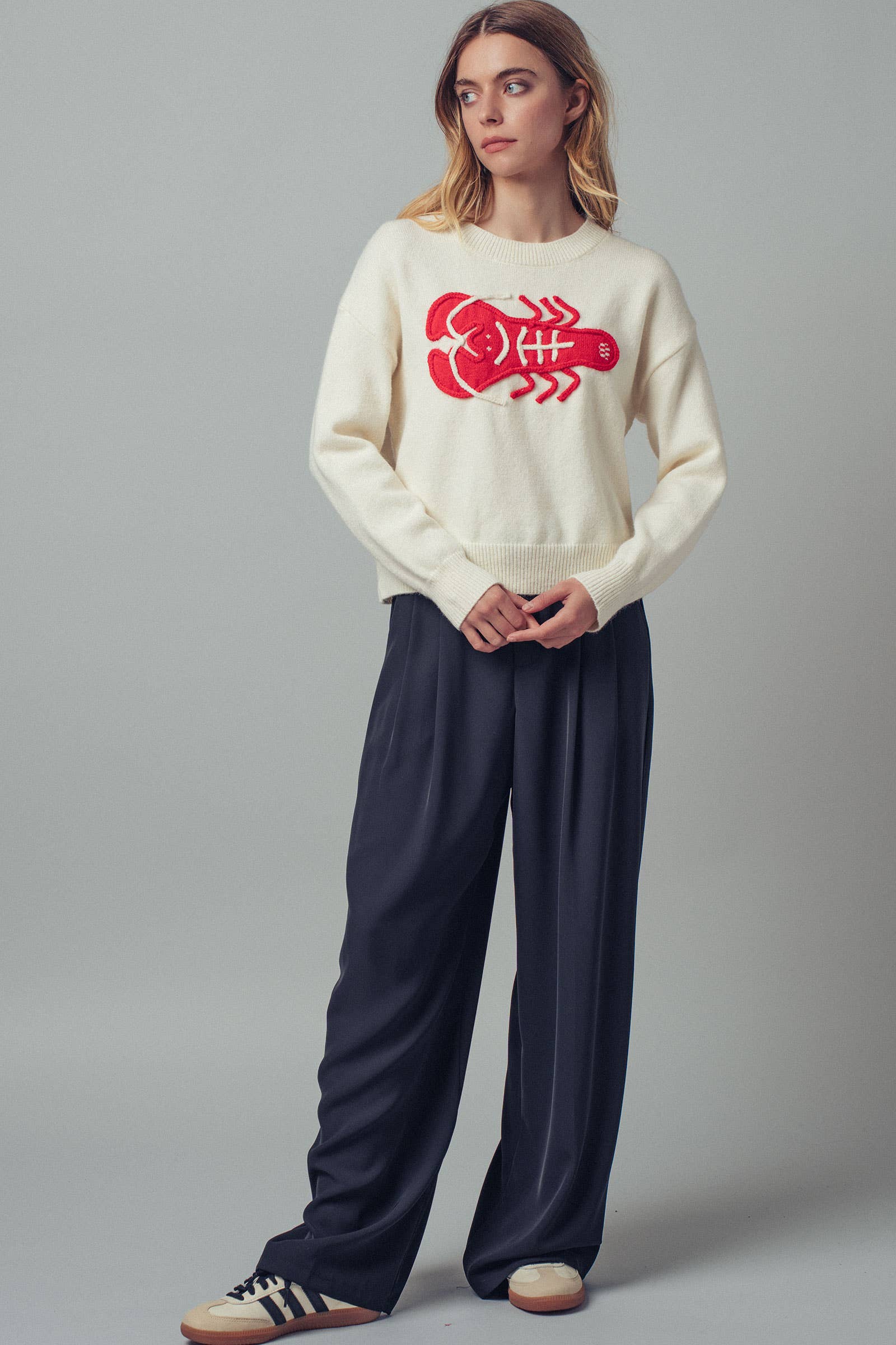 Urban Daizy - Vente Pull en maille – femme - Pull à déclaration nautique avec homard rouge brodé4