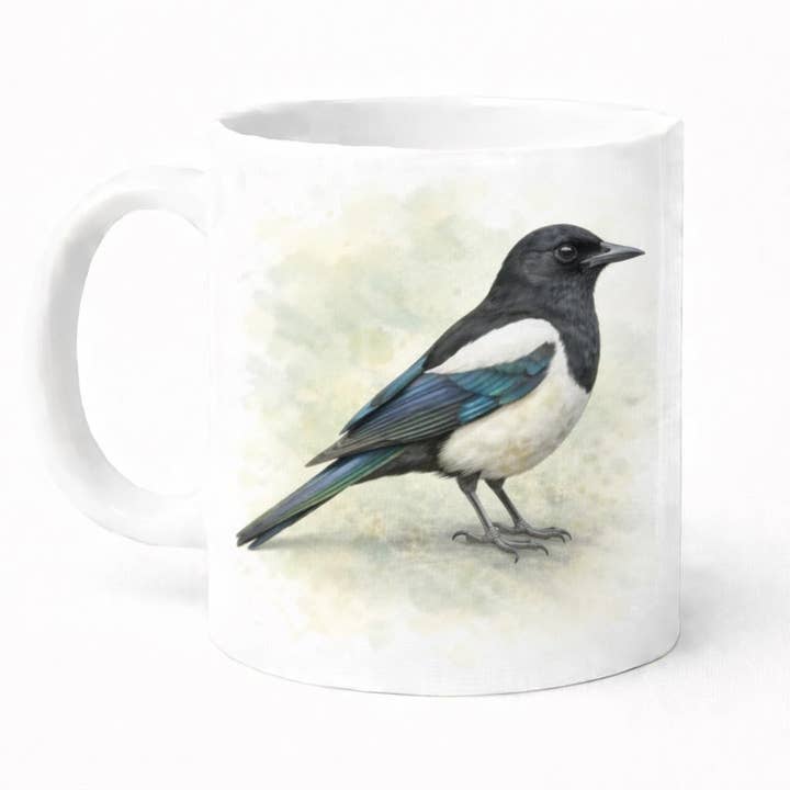 Magpie Watercolour 11 Oz Ceramic Coffee Mug, Dishwasher Safe for wholesale by Brew Crew Gifts