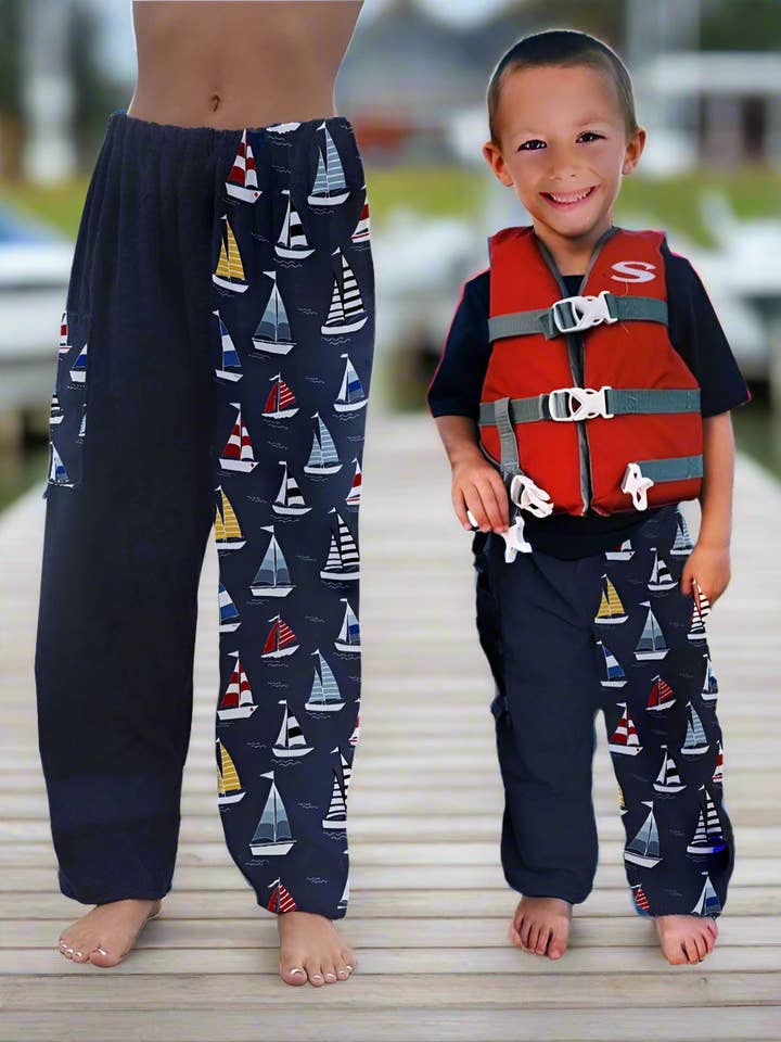 Paradise Towelwear - Wholesale Swim Cover Up - Kids - Towel Pants - Sailboat Pattern - IN-STOCK Fast Shipping - Beach, Swimming, Resortwear, Boys, Girls, Adults