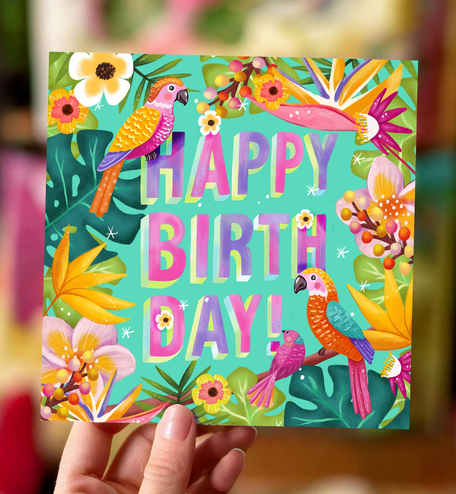 Aniet Illustration - Wholesale Birthday Card - Happy tropical birds birthday card with flowers 1
