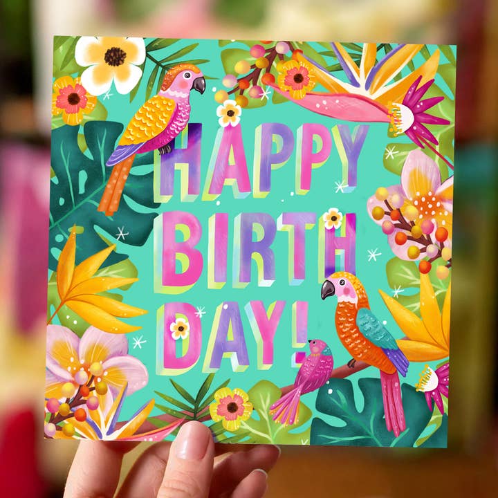 Aniet Illustration - Wholesale Birthday Card - Happy tropical birds birthday card with flowers 1