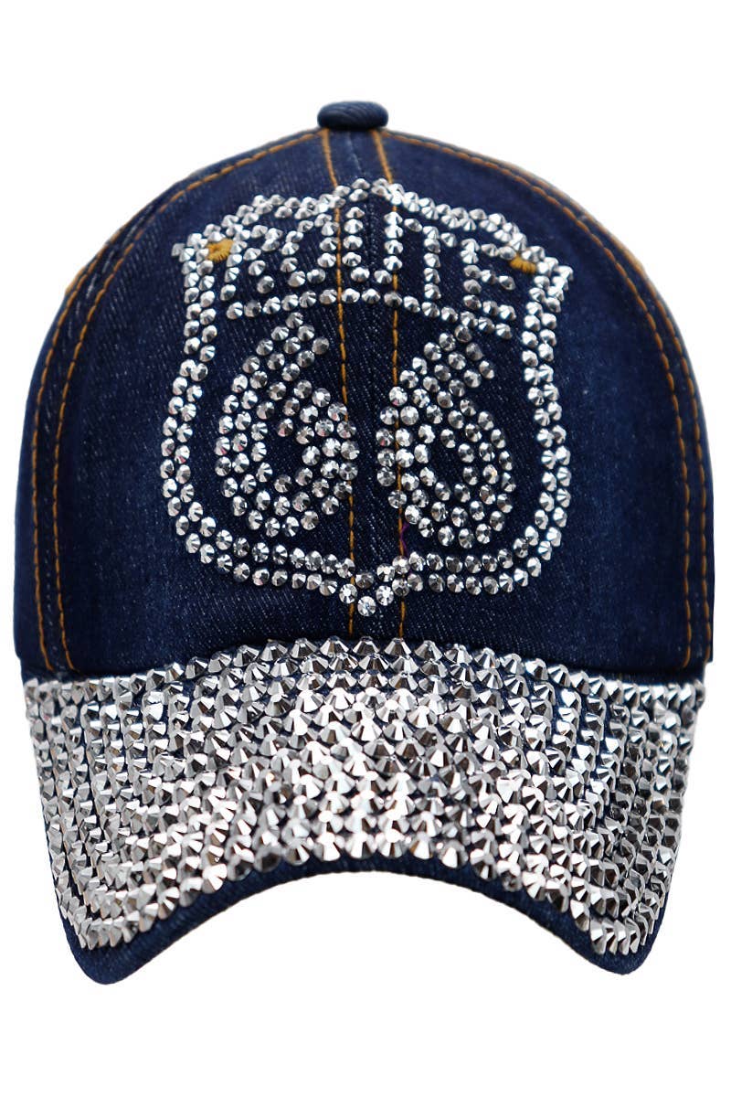 Cap Zone - Wholesale Baseball Cap - Women's - Route 66 Logo Bling Rhinestone Denim Baseball Cap4