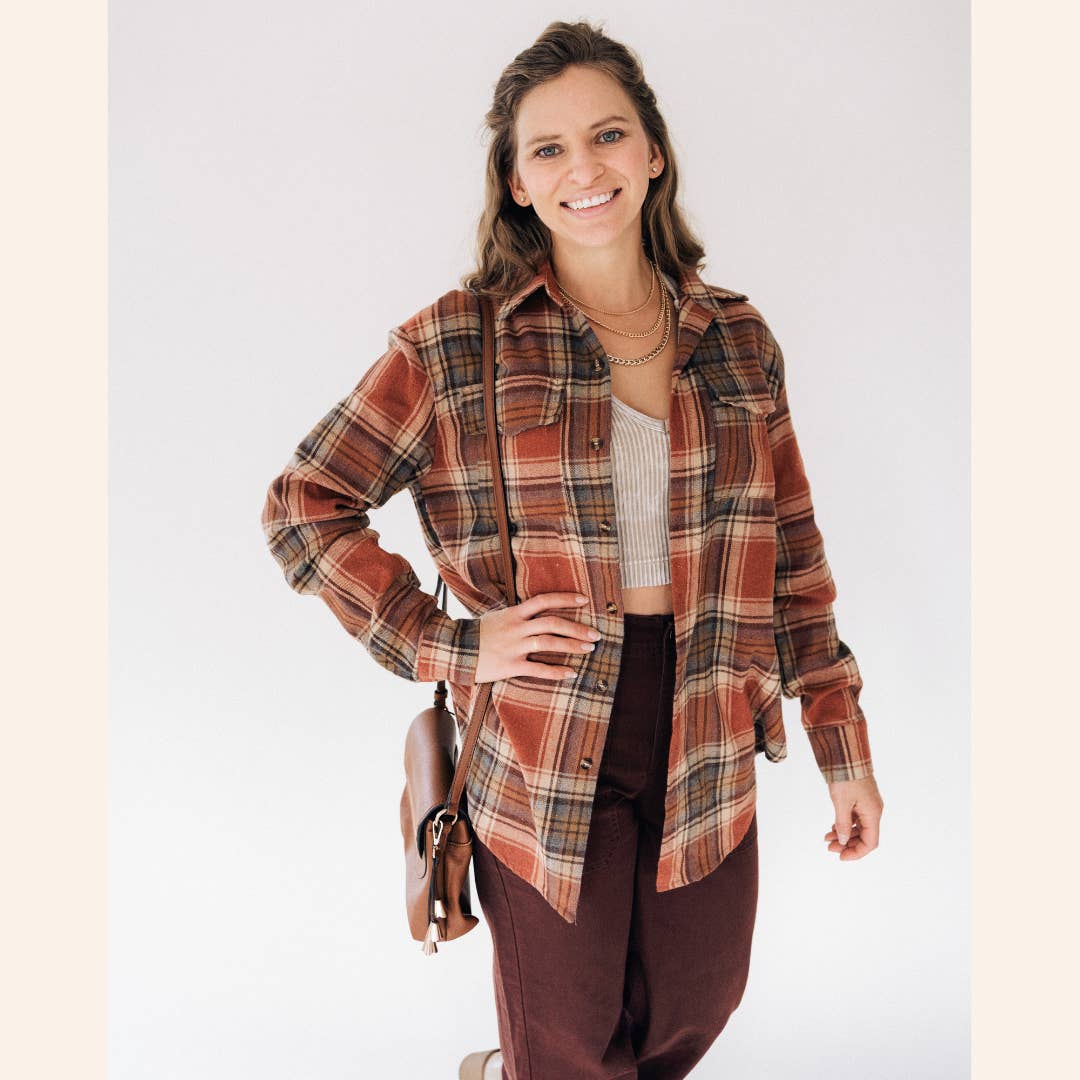 HAHA MAMA Clothing - Vendita all'ingrosso Camicia button down - Unisex - Flanella leggera color ruggine a quadri per adulti