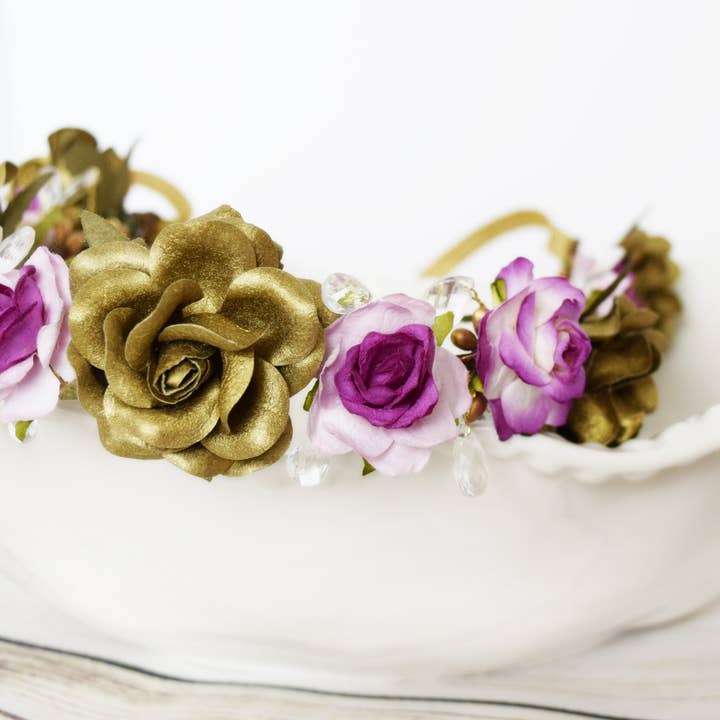 Handcrafted Fuchsia Purple and Gold Crystal Flower Crown for wholesale by The Pearled Rose