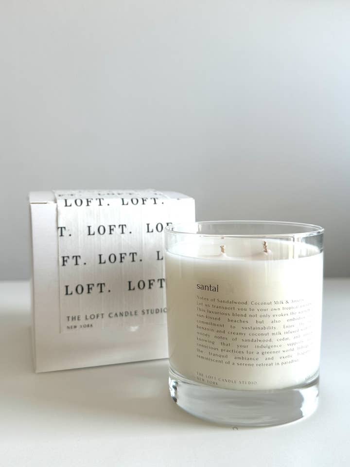 Santal 8oz Natural Scented Glass Candle for wholesale by The Loft Candle Studio