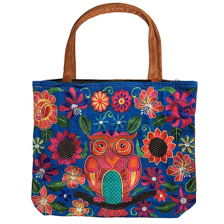 Embroidered Floral Owl Bird Large Suede Purse Tote Bag for wholesale by Pichincha