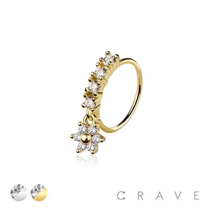 CZ 6 PETALS FLOWER PRONG DANGLE ROUND CZ GEM O-RING NOSE HOO for wholesale by CRAVE BODY JEWELRY
