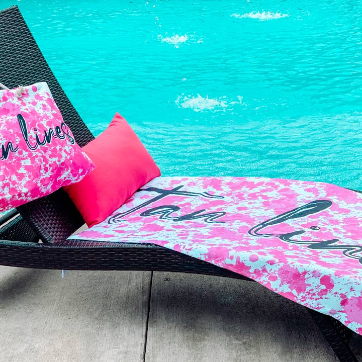 "VACA VIBES" tan lines hot pink beach towel for wholesale by Game Face Team Shop