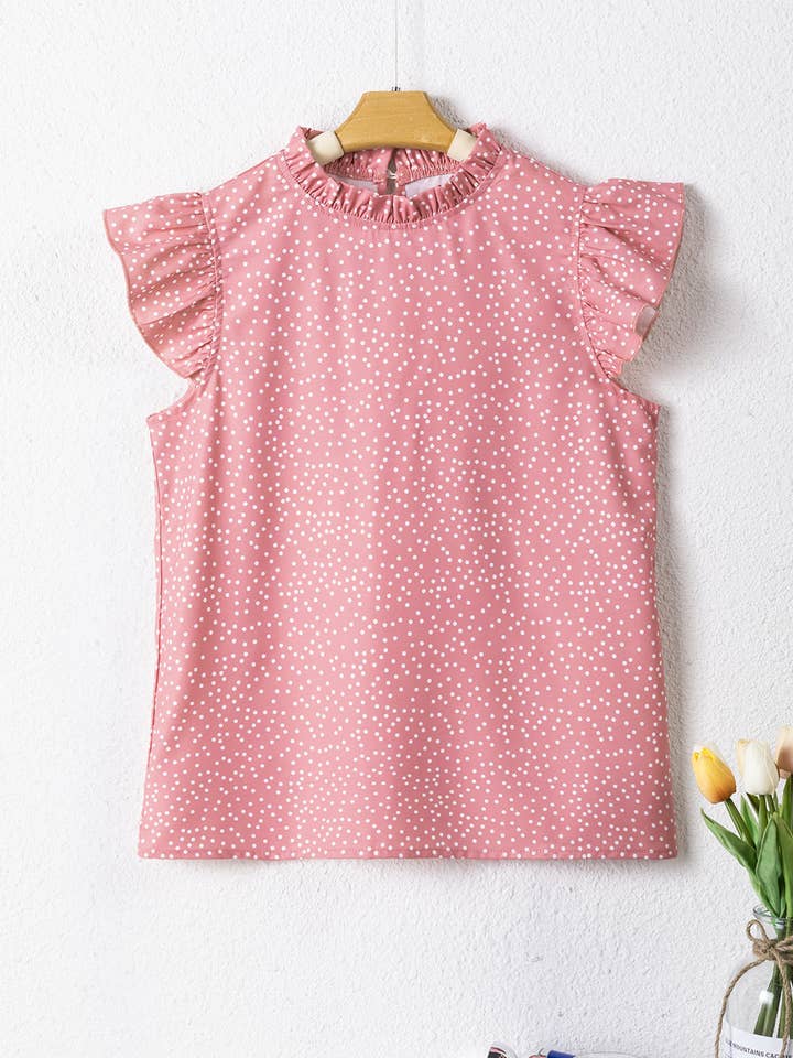 Marlowe Polka Dots Ruffle Flutterærmet bluse med flæser for engroshandel hos Threaded Pear
