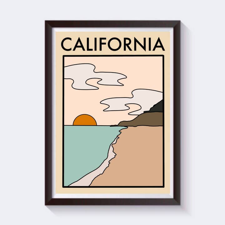 Stampa da viaggio minimalista in California, disponibile in 6 misure per la vendita all'ingrosso da parte di 2 Sisters