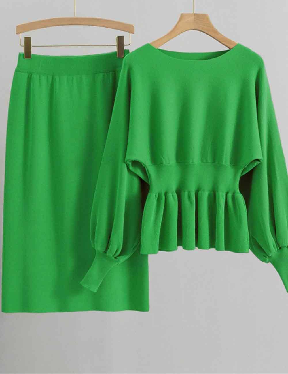 Sweetkama – Engroshandel Top- og nederdelsæt - Dame – Dame Pullover med Pufærmer Langærmet Striktop & Nederdelsæt6