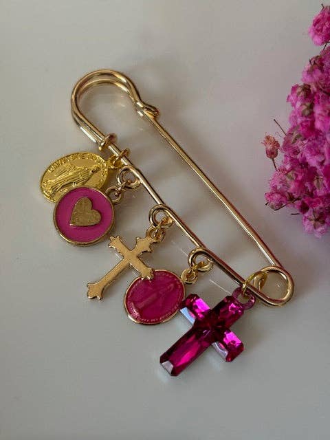 Miss DJ Angel - Wholesale Brooch - Ex-voto brooch, religious medal cross brooch, cross gift for mom, cross gift for woman, fuchsia cross charm1