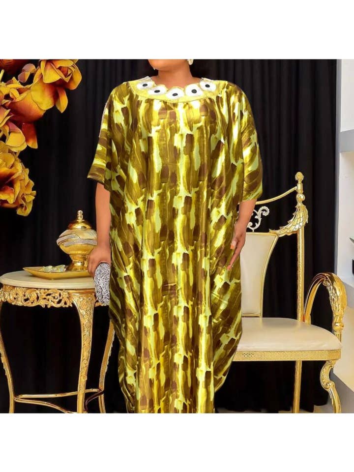 pinkblu02 - Venta al por mayor Vestido - Mujer - Vestido Bata Étnico de Impresión Completa - Azul y Amarillo Poliéster