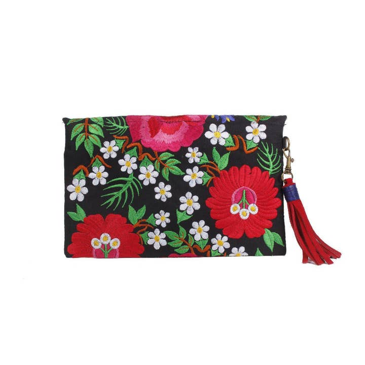 Lumily - Vente Pochette – femme - Pochette à pompons en cuir brodé Fiesta Hmong